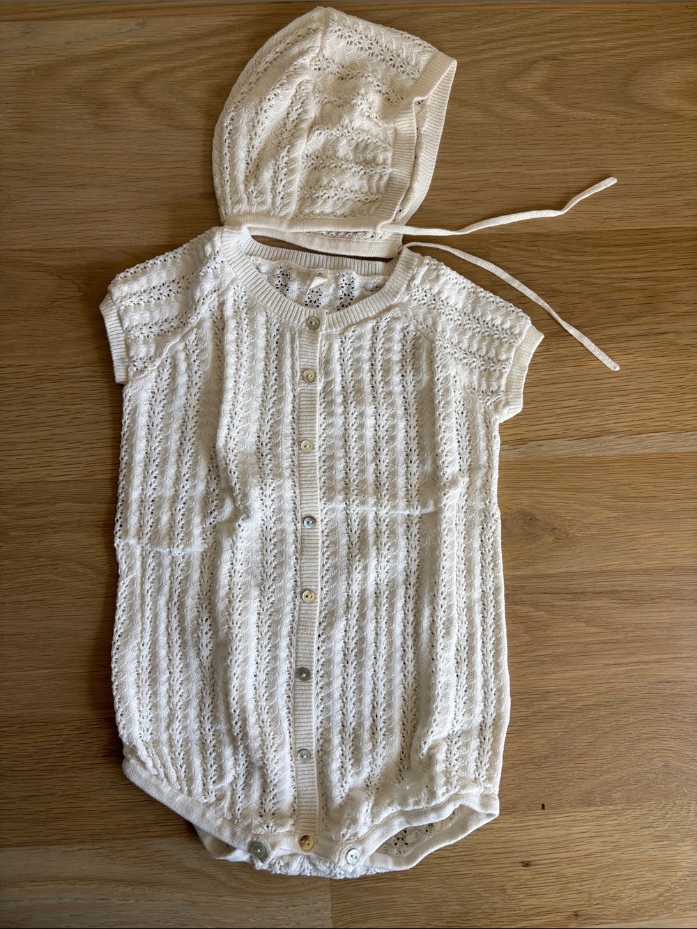 Lilette Cream Knit Baby Romper with Matching Bonnet
